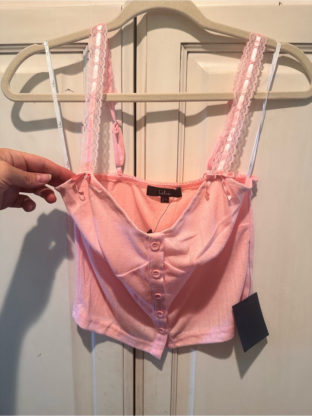 Lulu's Soft Pink Lace-Trim Button Front Crop Tank